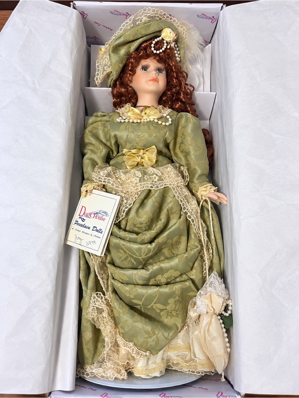 Porcelain Display Doll in Olive Green Lace Dress by
